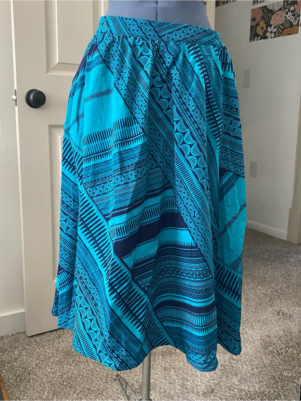 Bright Teal & Navy Patterned A-Line Midi Skirt